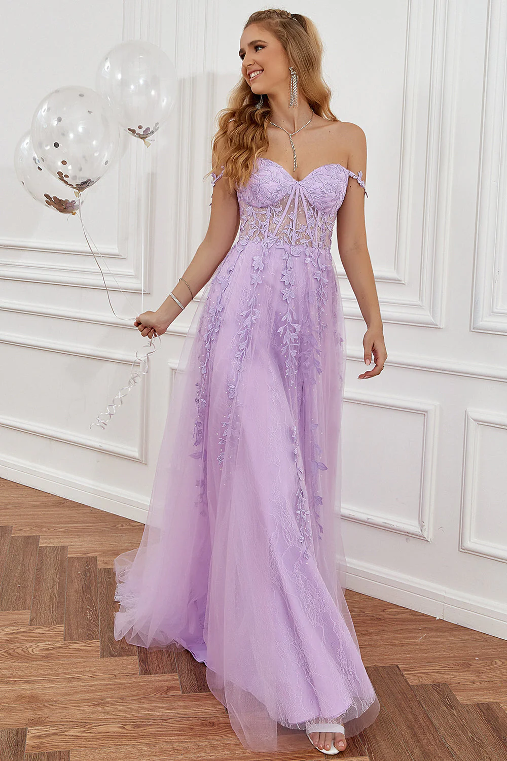 A Line Off the Shoulder Hot Pink Long Prom Dress with Appliques - Image 12