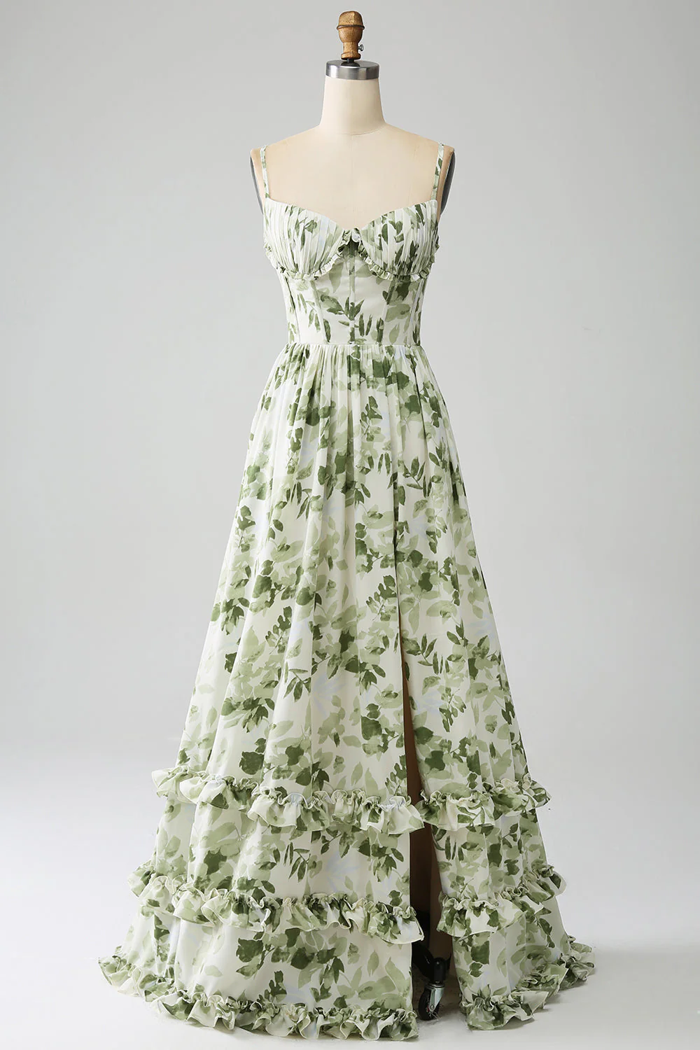 A-Line Spaghetti Straps Green Printed Long Prom Dress With Slit - Image 3