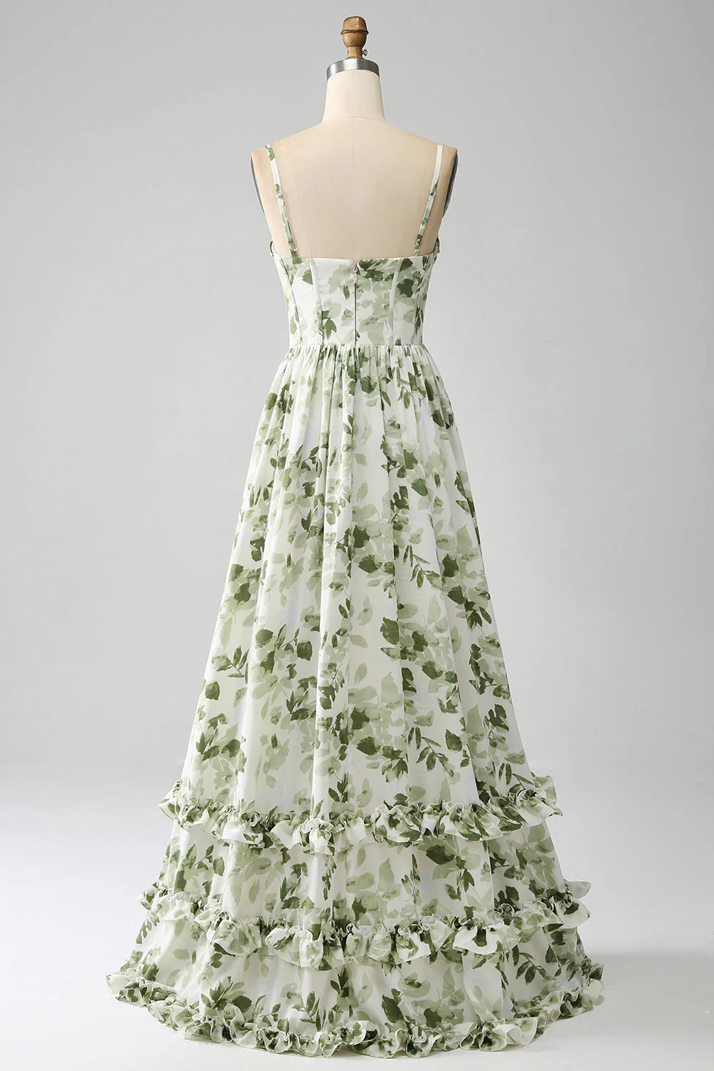 A-Line Spaghetti Straps Green Printed Long Prom Dress With Slit - Image 4