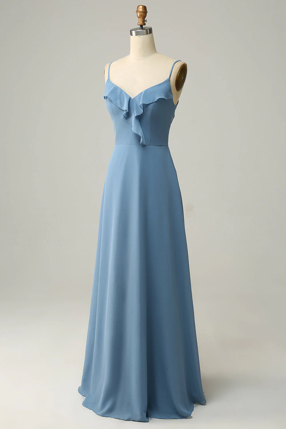 A Line Spaghetti Straps Grey Blue Long Bridesmaid Dress with Ruffles - Image 3