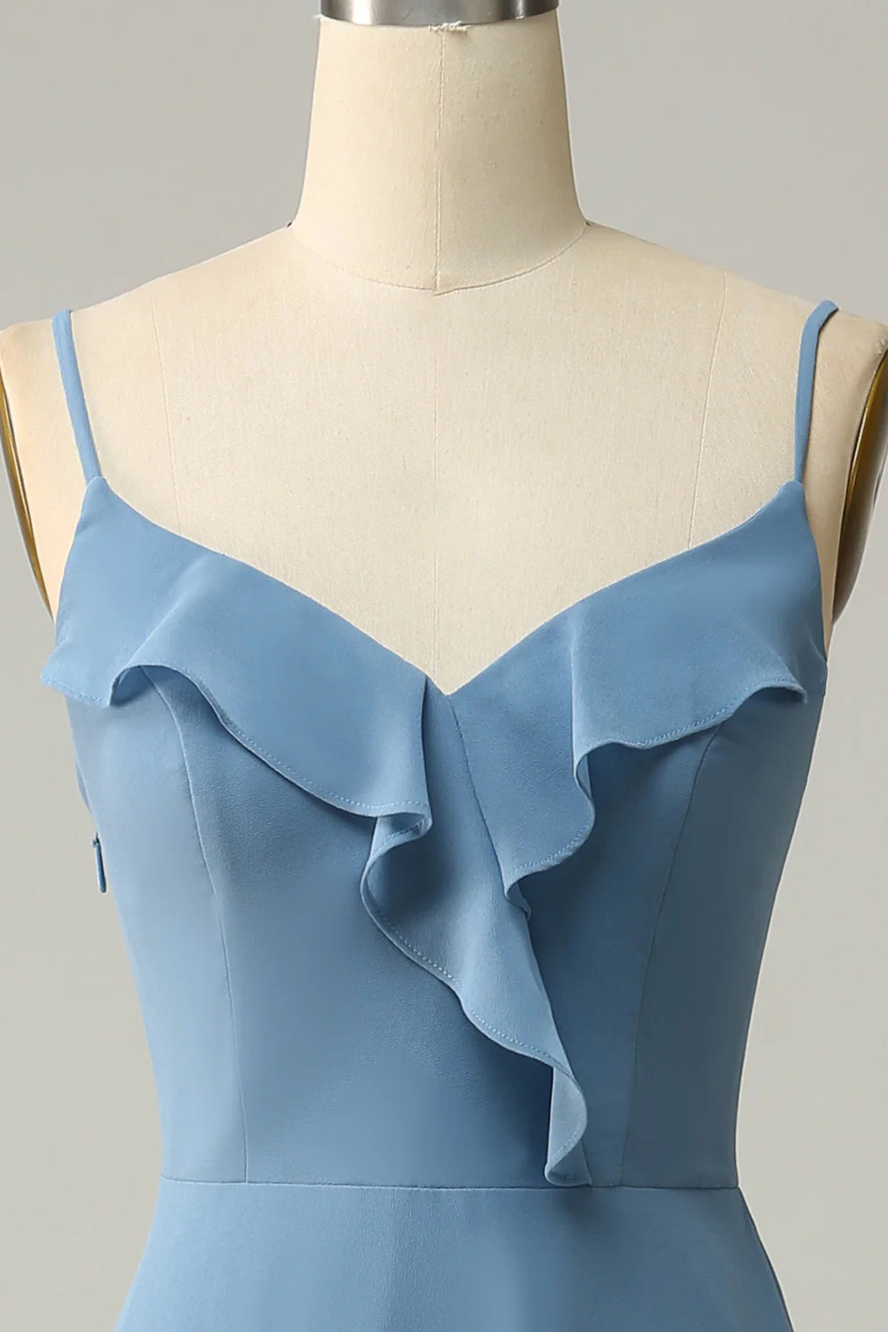 A Line Spaghetti Straps Grey Blue Long Bridesmaid Dress with Ruffles - Image 4