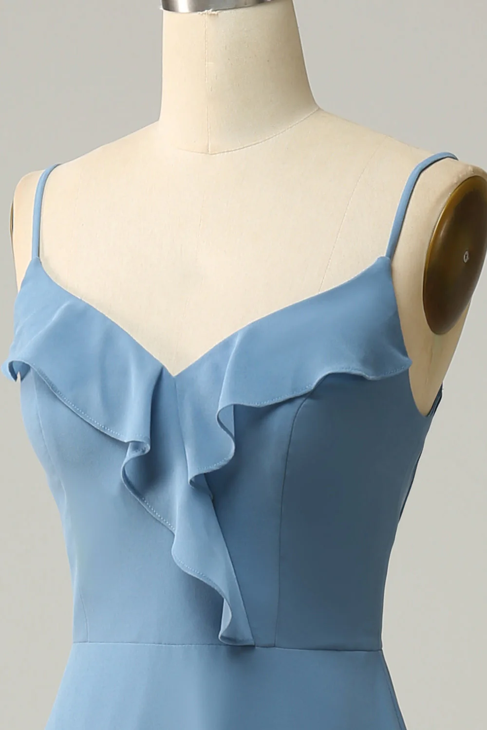 A Line Spaghetti Straps Grey Blue Long Bridesmaid Dress with Ruffles - Image 5
