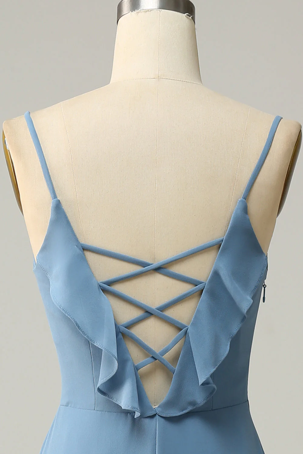 A Line Spaghetti Straps Grey Blue Long Bridesmaid Dress with Ruffles - Image 6