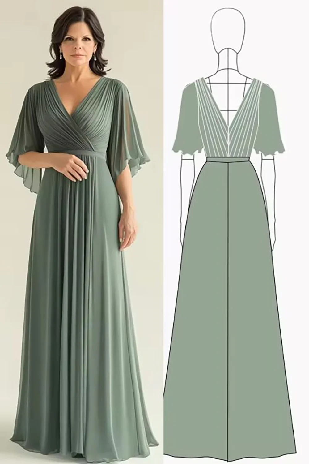 Agave Chiffon Pleated Flare Sleeves V Neck Mother of The Bride Dress - Image 3