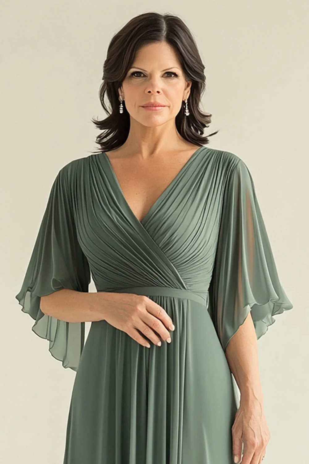 Agave Chiffon Pleated Flare Sleeves V Neck Mother of The Bride Dress - Image 4