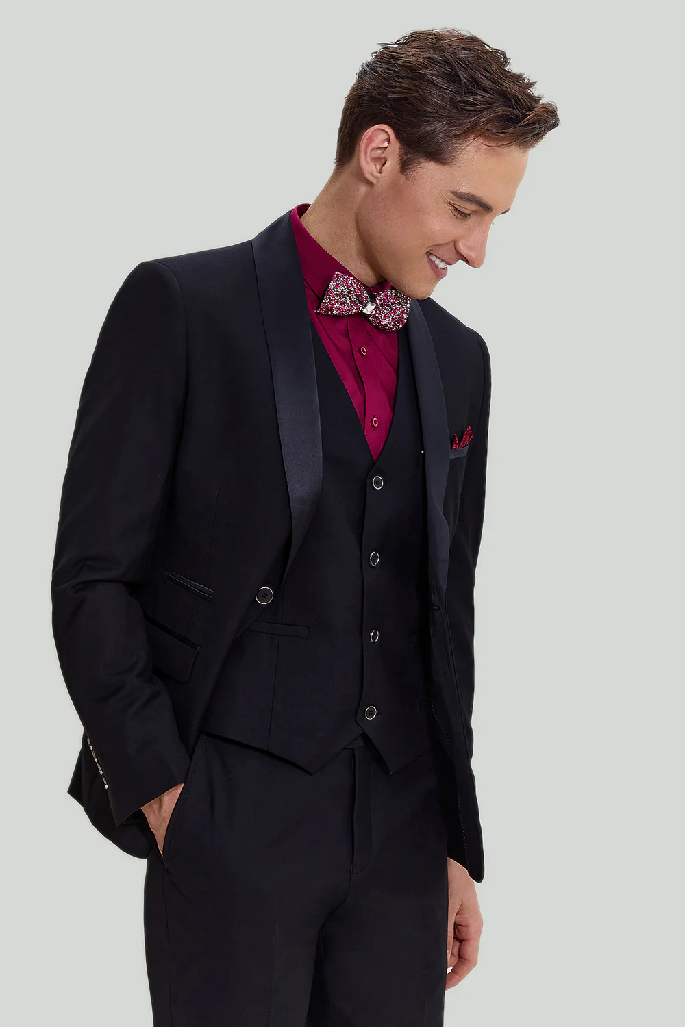 Black Men's 3 Piece Slim Fit Shawl Lapel Suit - Image 3