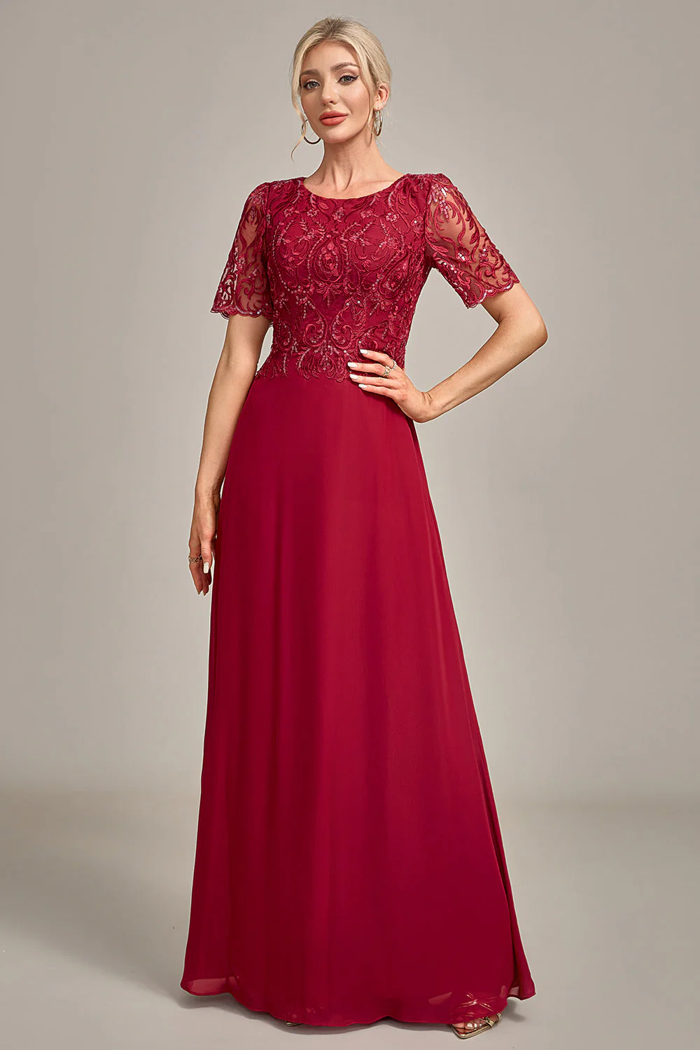 Burgundy A Line Round Neck Sequin Mother of Bride Dress With Appliques - Image 3