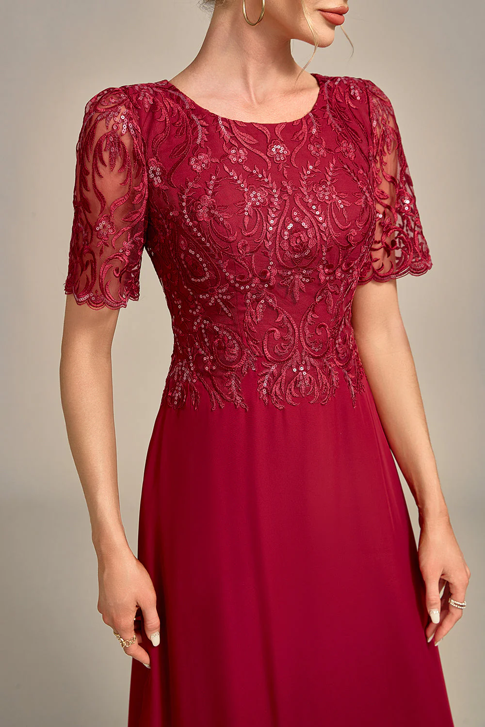 Burgundy A Line Round Neck Sequin Mother of Bride Dress With Appliques - Image 4
