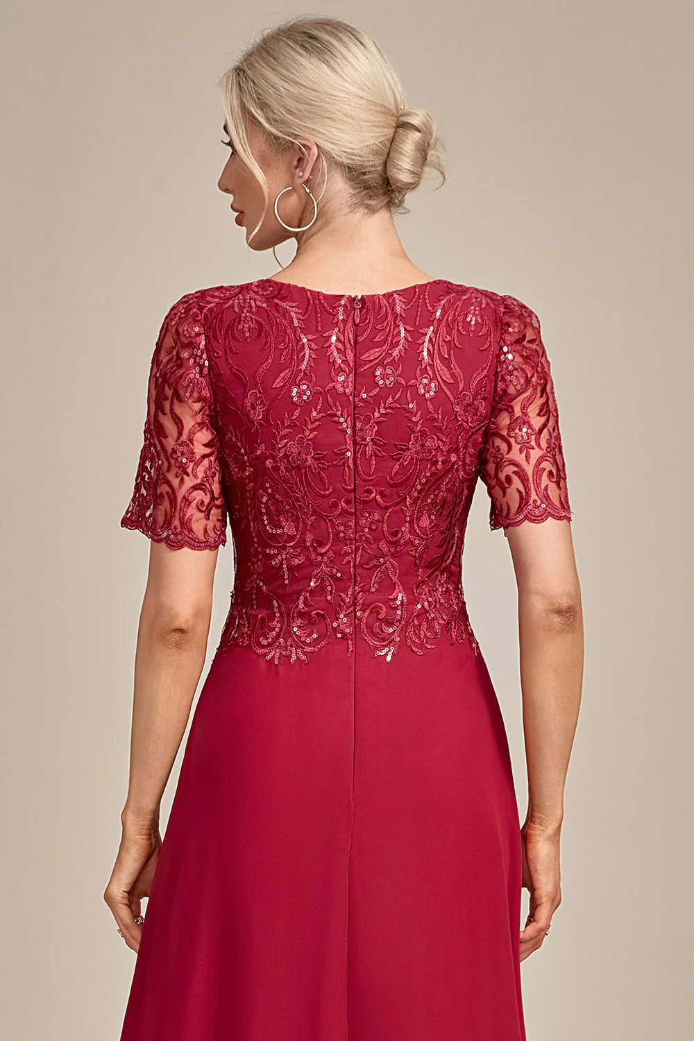 Burgundy A Line Round Neck Sequin Mother of Bride Dress With Appliques - Image 5