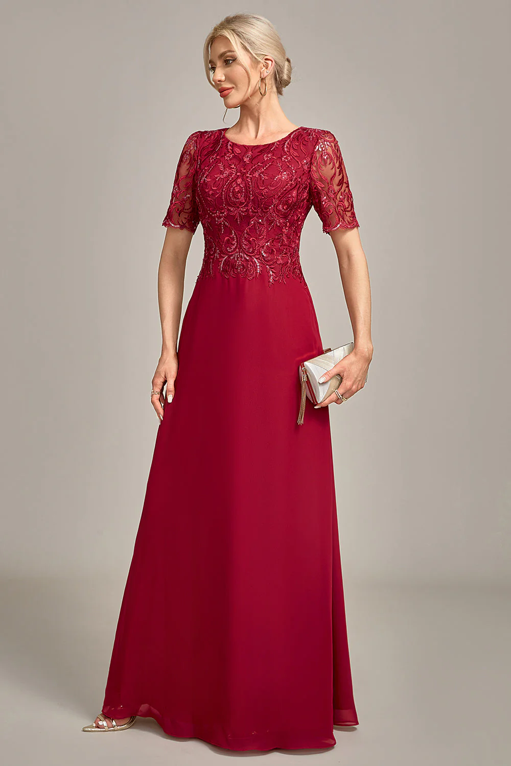 Burgundy A Line Round Neck Sequin Mother of Bride Dress With Appliques - Image 6