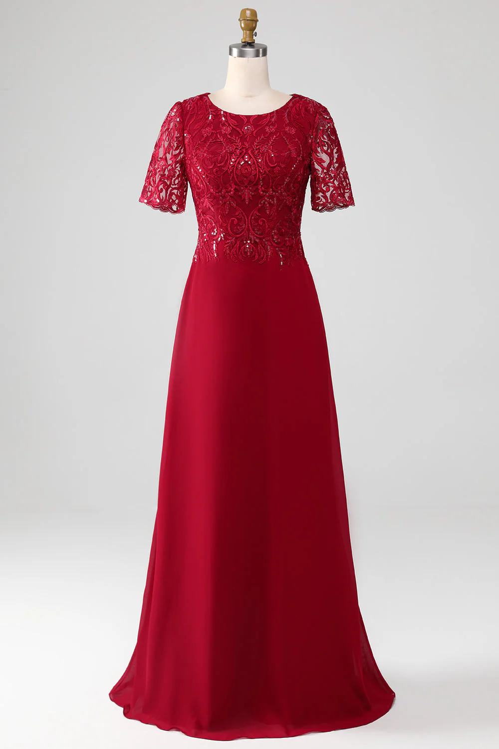 Burgundy A Line Round Neck Sequin Mother of Bride Dress With Appliques - Image 7