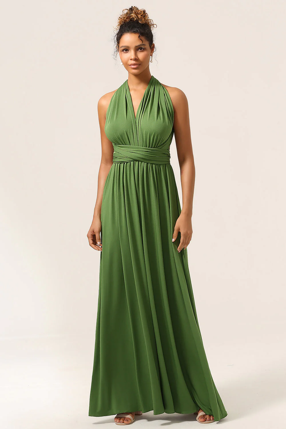 Charming A Line Olive Green Spandex Convertible Wear Long Bridesmaid Dress - Image 3