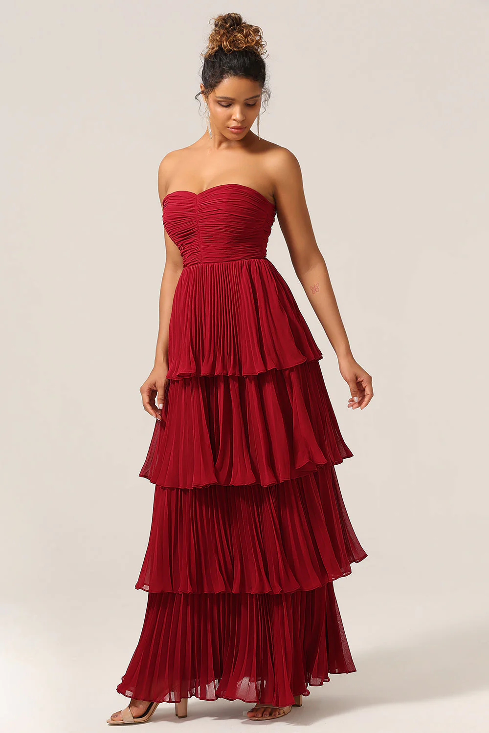 Charming A Line Strapless Burgudy Long Bridesmaid Dress with Ruffles - Image 5