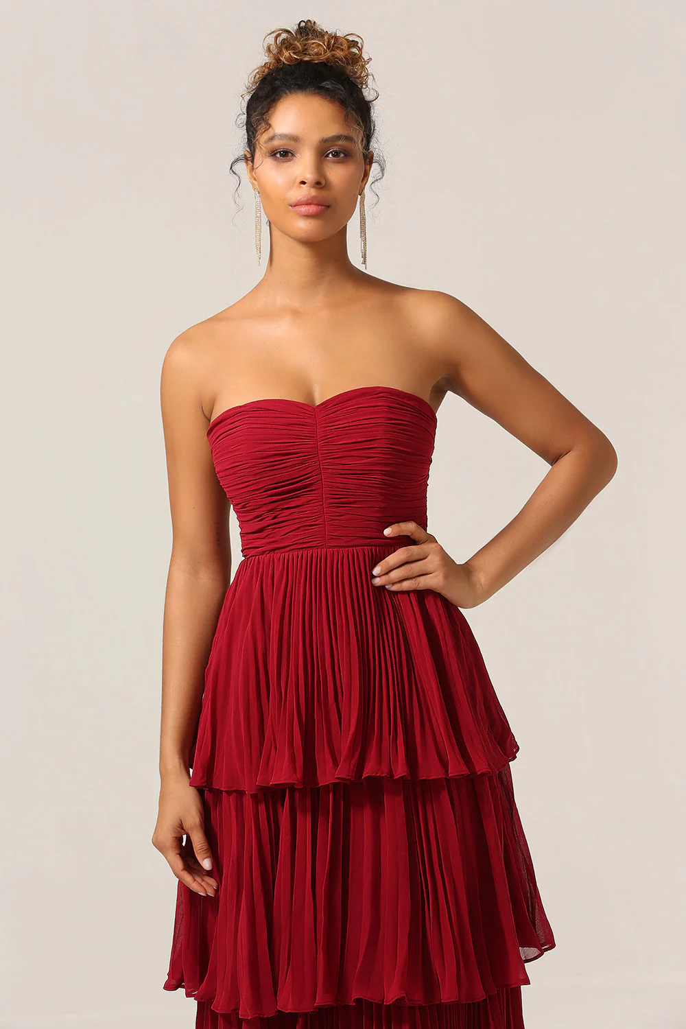 Charming A Line Strapless Burgudy Long Bridesmaid Dress with Ruffles - Image 6