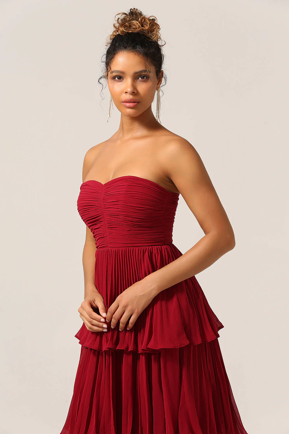 Charming A Line Strapless Burgudy Long Bridesmaid Dress with Ruffles - Image 7