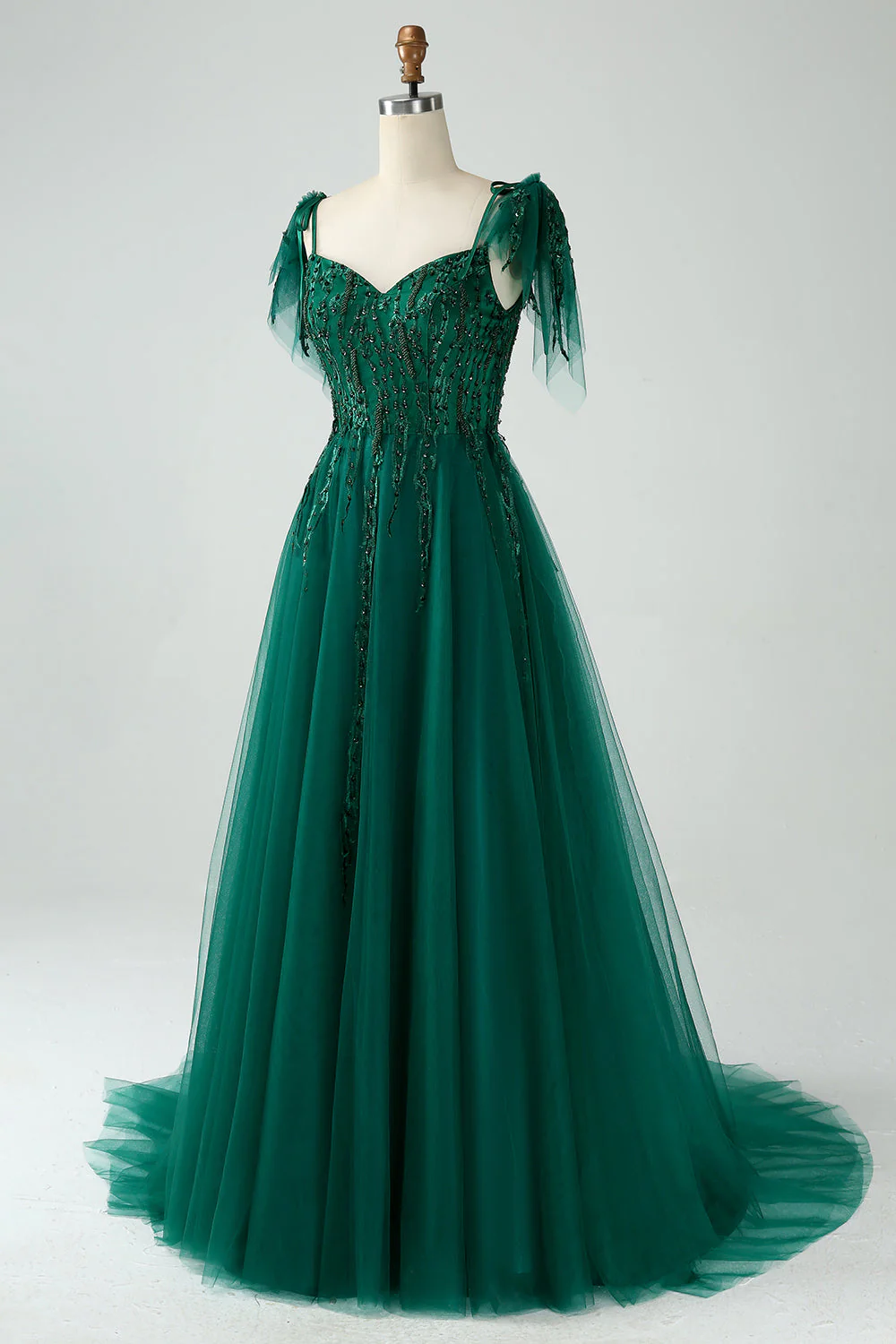 Dark Green A-Line Spaghetti Straps Tulle Long Prom Dress with Beading - Image 3