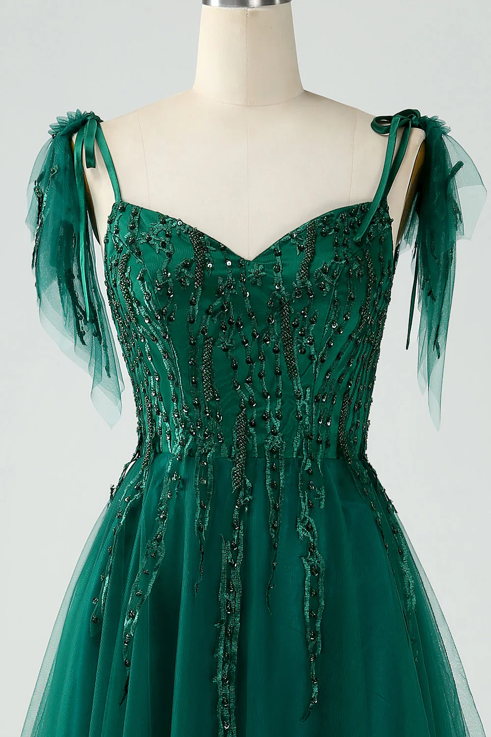 Dark Green A-Line Spaghetti Straps Tulle Long Prom Dress with Beading - Image 4