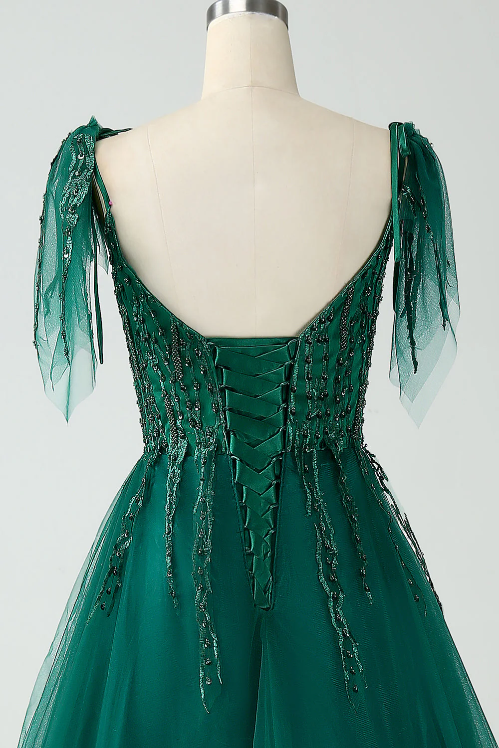 Dark Green A-Line Spaghetti Straps Tulle Long Prom Dress with Beading - Image 5