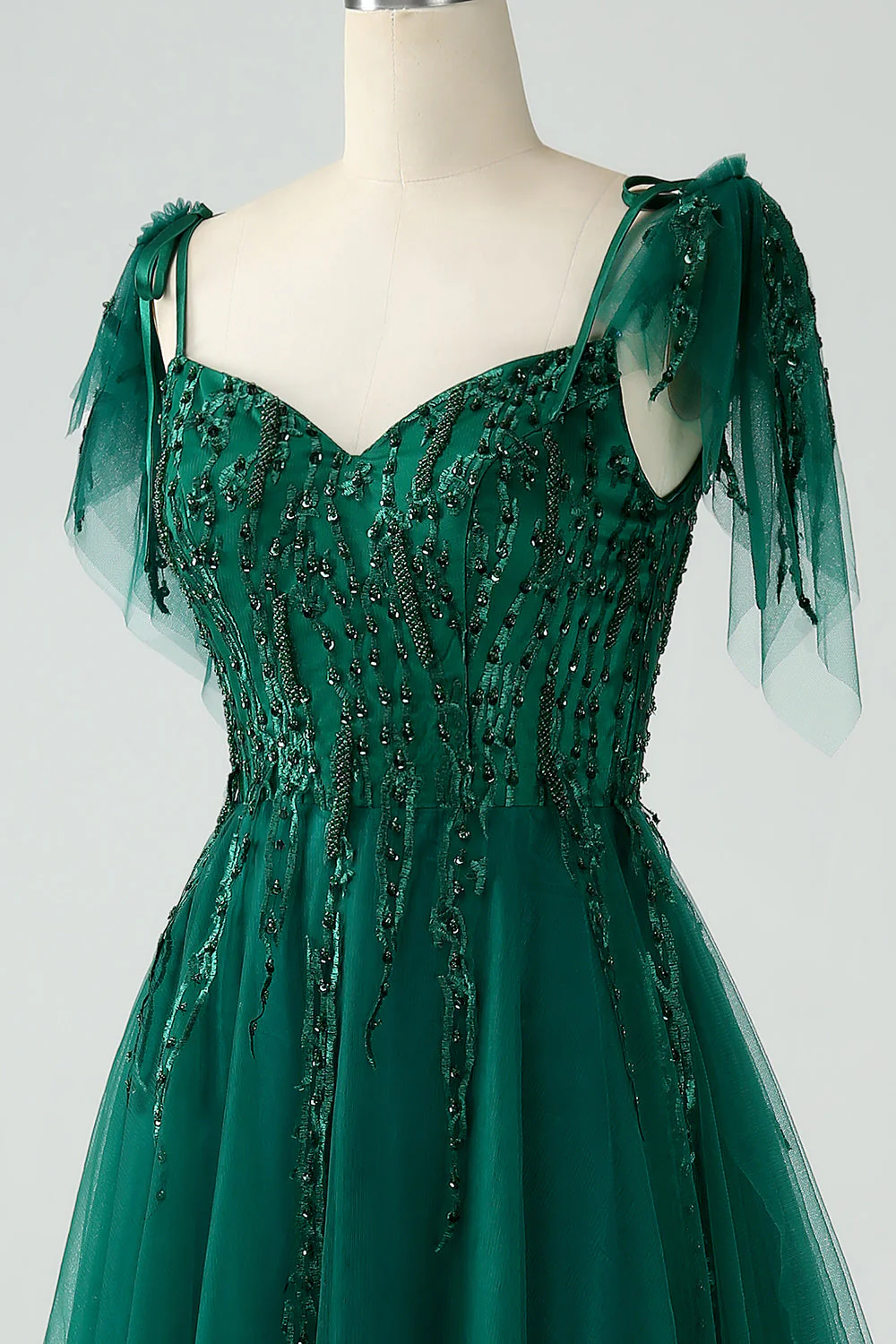 Dark Green A-Line Spaghetti Straps Tulle Long Prom Dress with Beading - Image 6