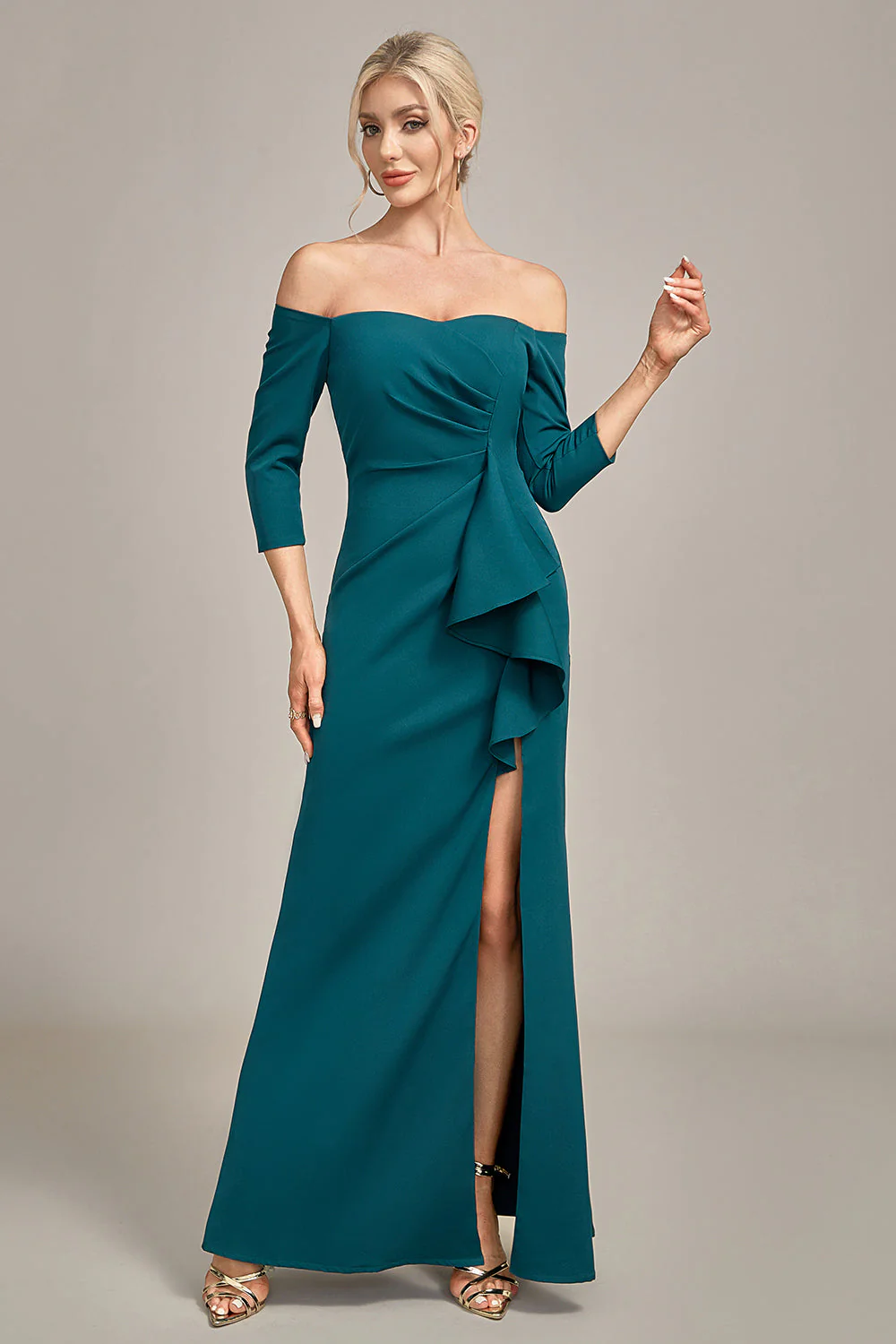 Dark Green Mermaid Off The Shoulder Cascading Ruffled Mother Of The Bride Dress - Image 4
