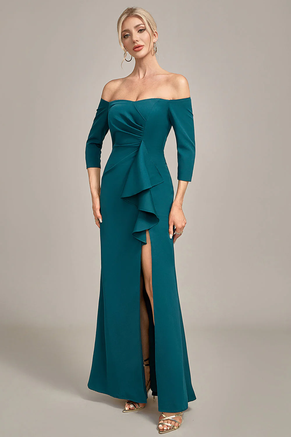 Dark Green Mermaid Off The Shoulder Cascading Ruffled Mother Of The Bride Dress - Image 5