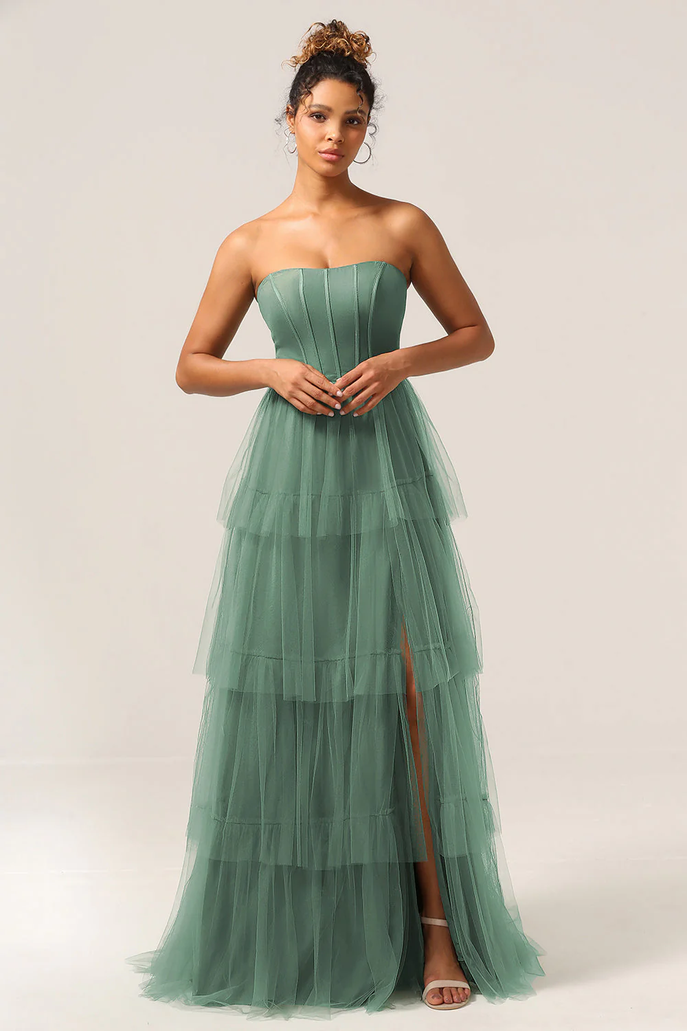 Detachable Straps A Line Navy Tiered Long Bridesmaid Dress - Image 10