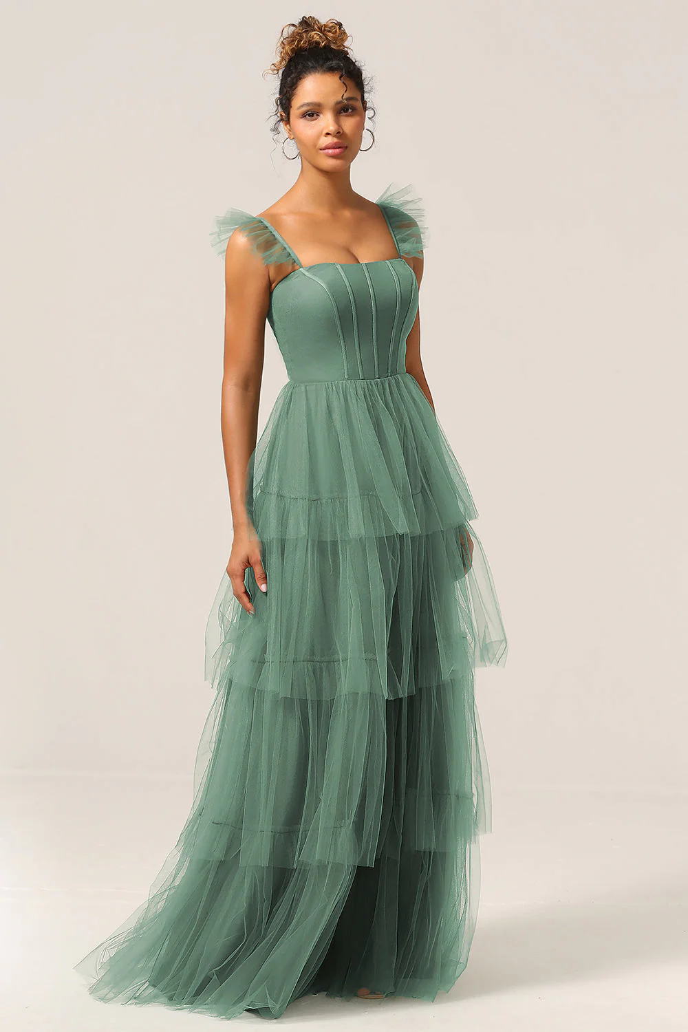 Detachable Straps A Line Navy Tiered Long Bridesmaid Dress - Image 11