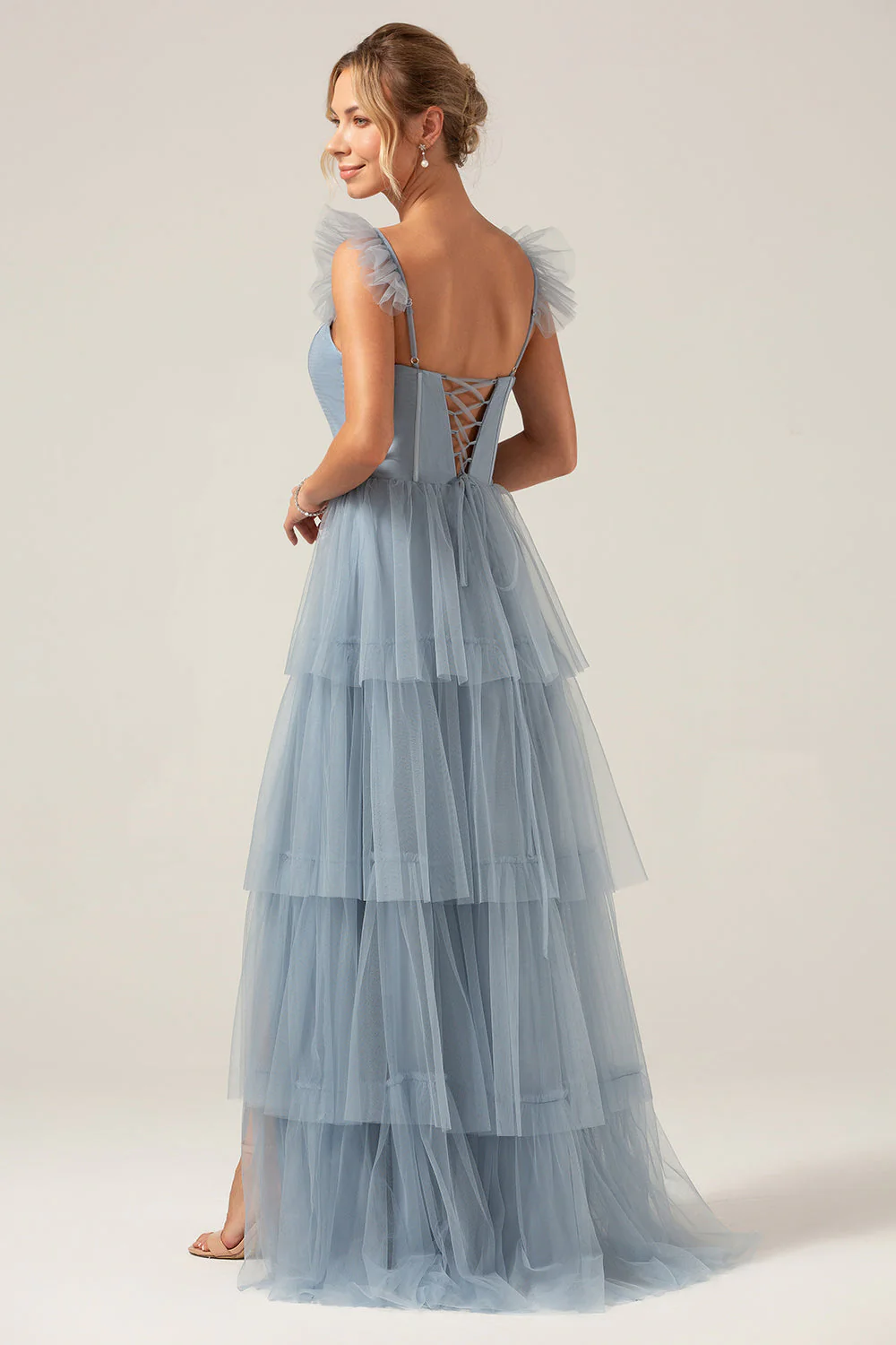 Detachable Straps A Line Navy Tiered Long Bridesmaid Dress - Image 14
