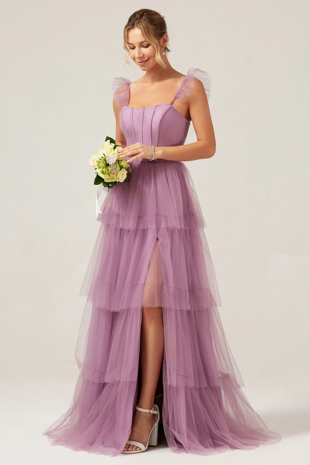 Detachable Straps A Line Navy Tiered Long Bridesmaid Dress - Image 4