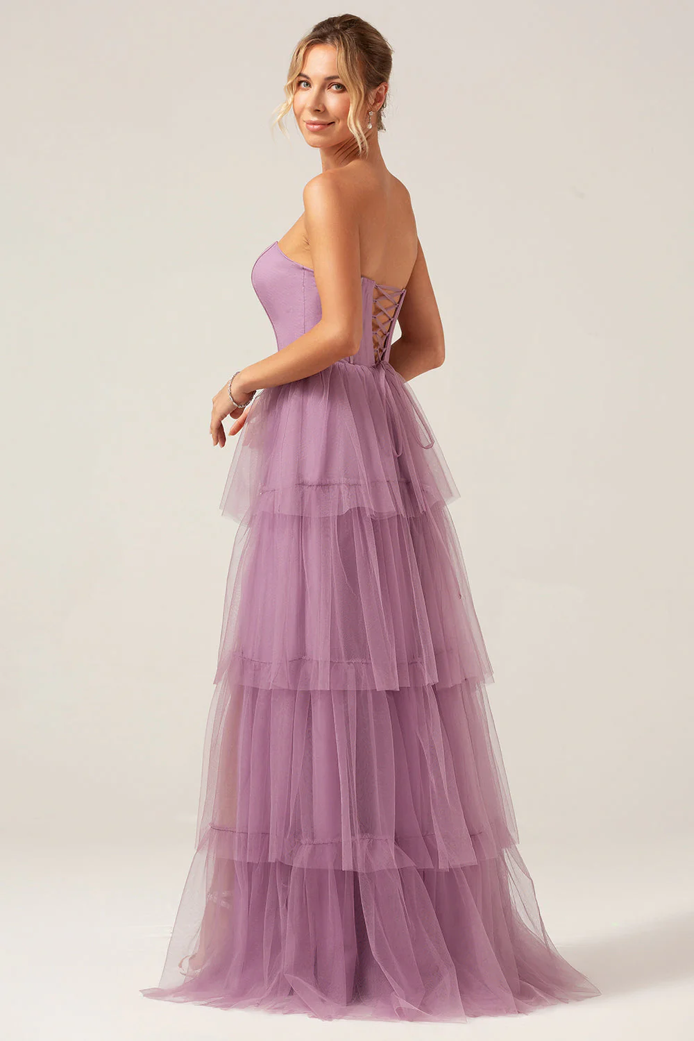 Detachable Straps A Line Navy Tiered Long Bridesmaid Dress - Image 5