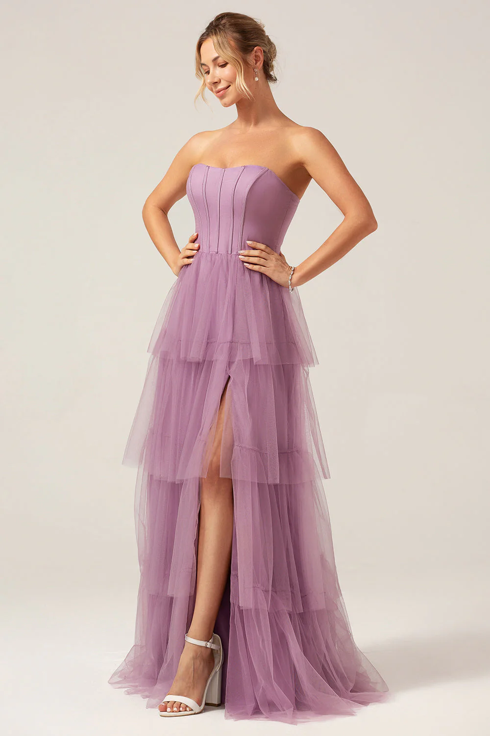 Detachable Straps A Line Navy Tiered Long Bridesmaid Dress - Image 6