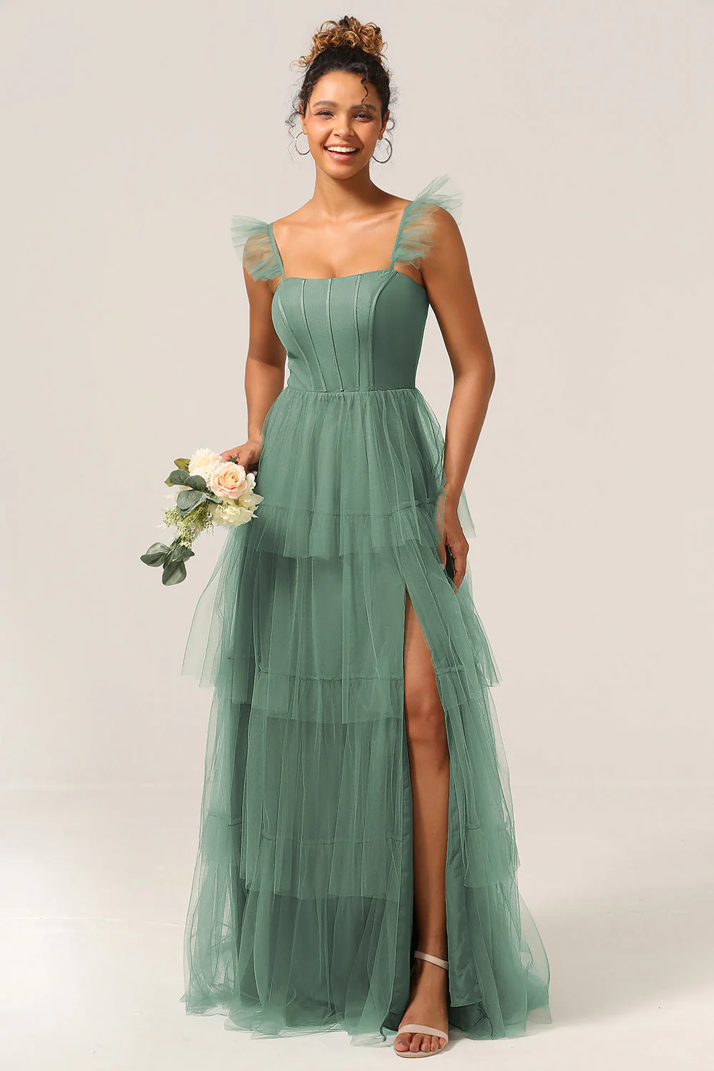 Detachable Straps A Line Navy Tiered Long Bridesmaid Dress - Image 7
