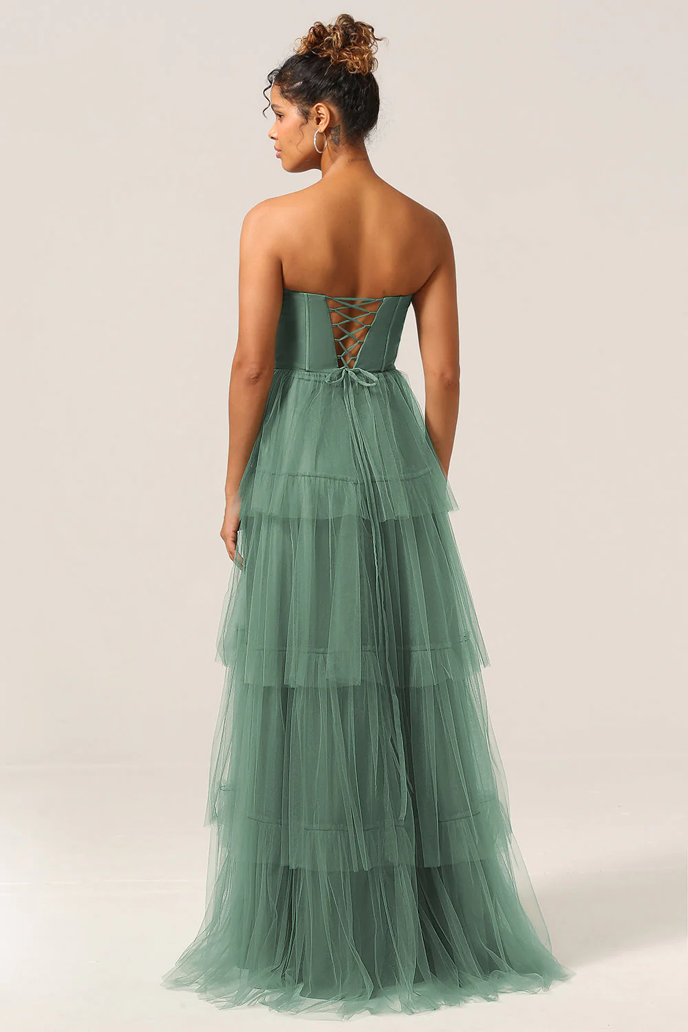 Detachable Straps A Line Navy Tiered Long Bridesmaid Dress - Image 8