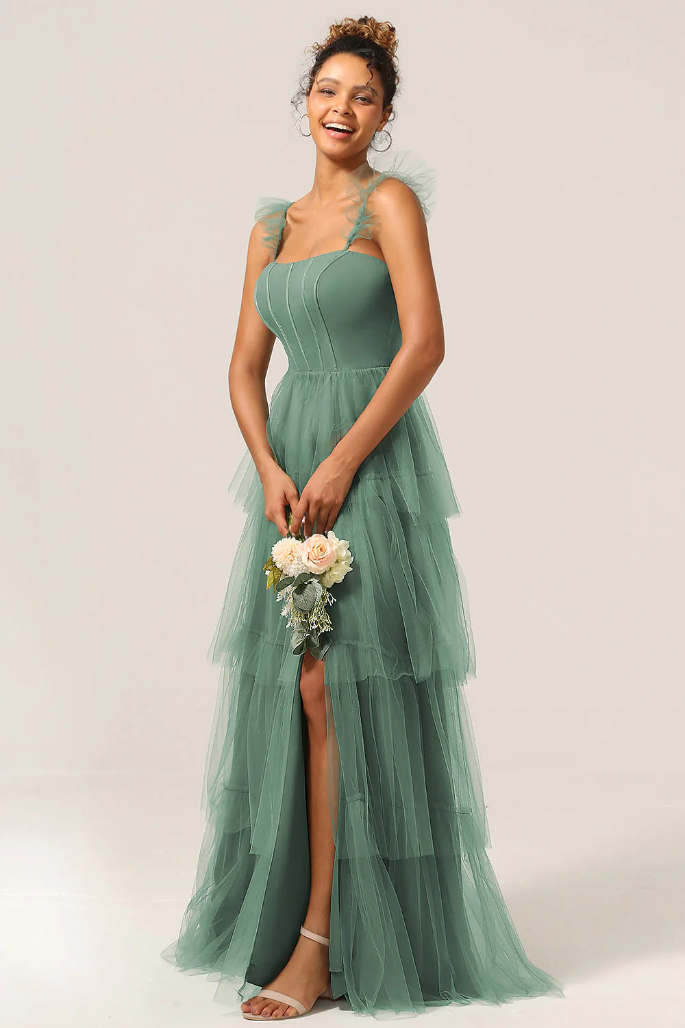 Detachable Straps A Line Navy Tiered Long Bridesmaid Dress - Image 9