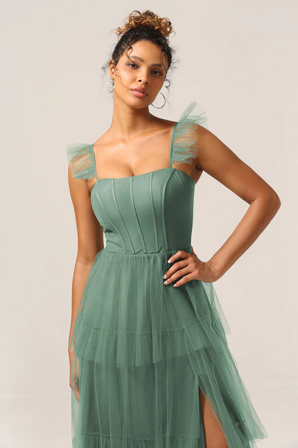 Detachable Straps A Line Purple Tiered Long Bridesmaid Dress - Image 12