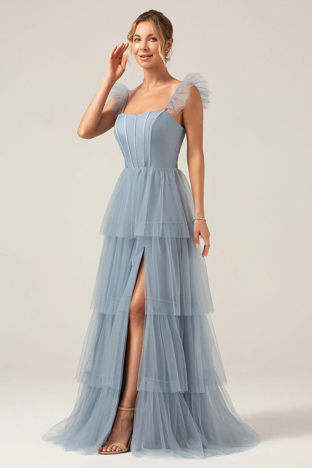 Detachable Straps A Line Purple Tiered Long Bridesmaid Dress - Image 15