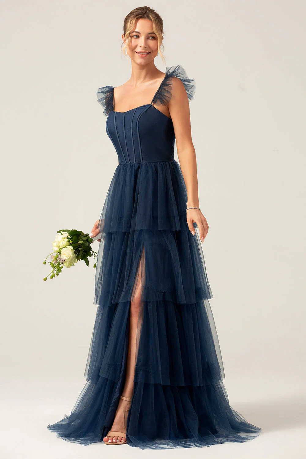 Detachable Straps A Line Purple Tiered Long Bridesmaid Dress - Image 6