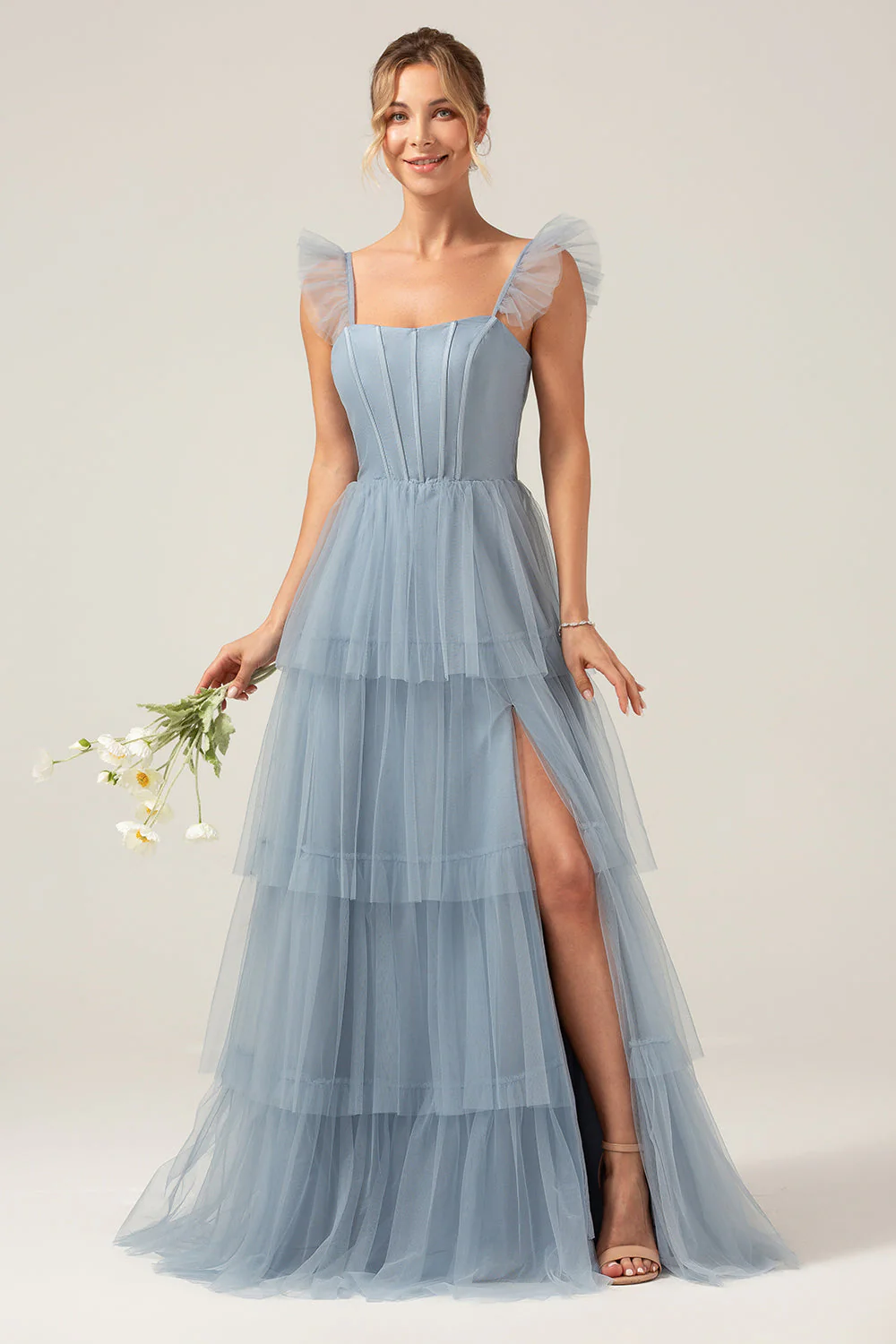 Detachable Straps A Line Purple Tiered Long Bridesmaid Dress - Image 13