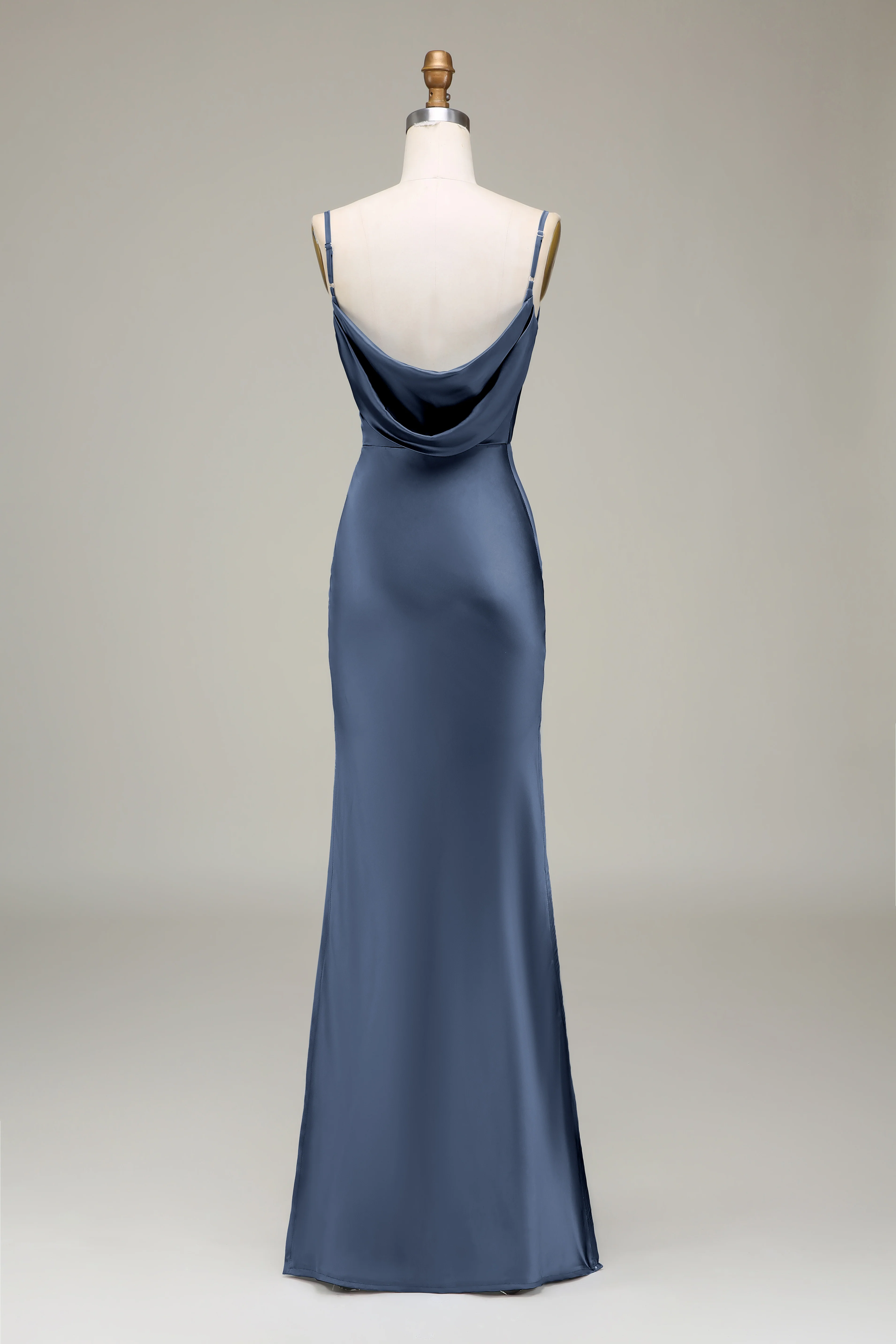 Dusty Blue Spaghetti Straps Sheath Satin Long Bridesmaid Dress - Image 22