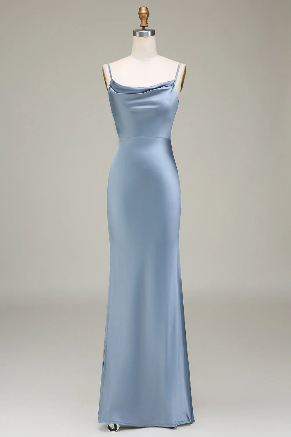 Dusty Blue Spaghetti Straps Sheath Satin Long Bridesmaid Dress - Image 3