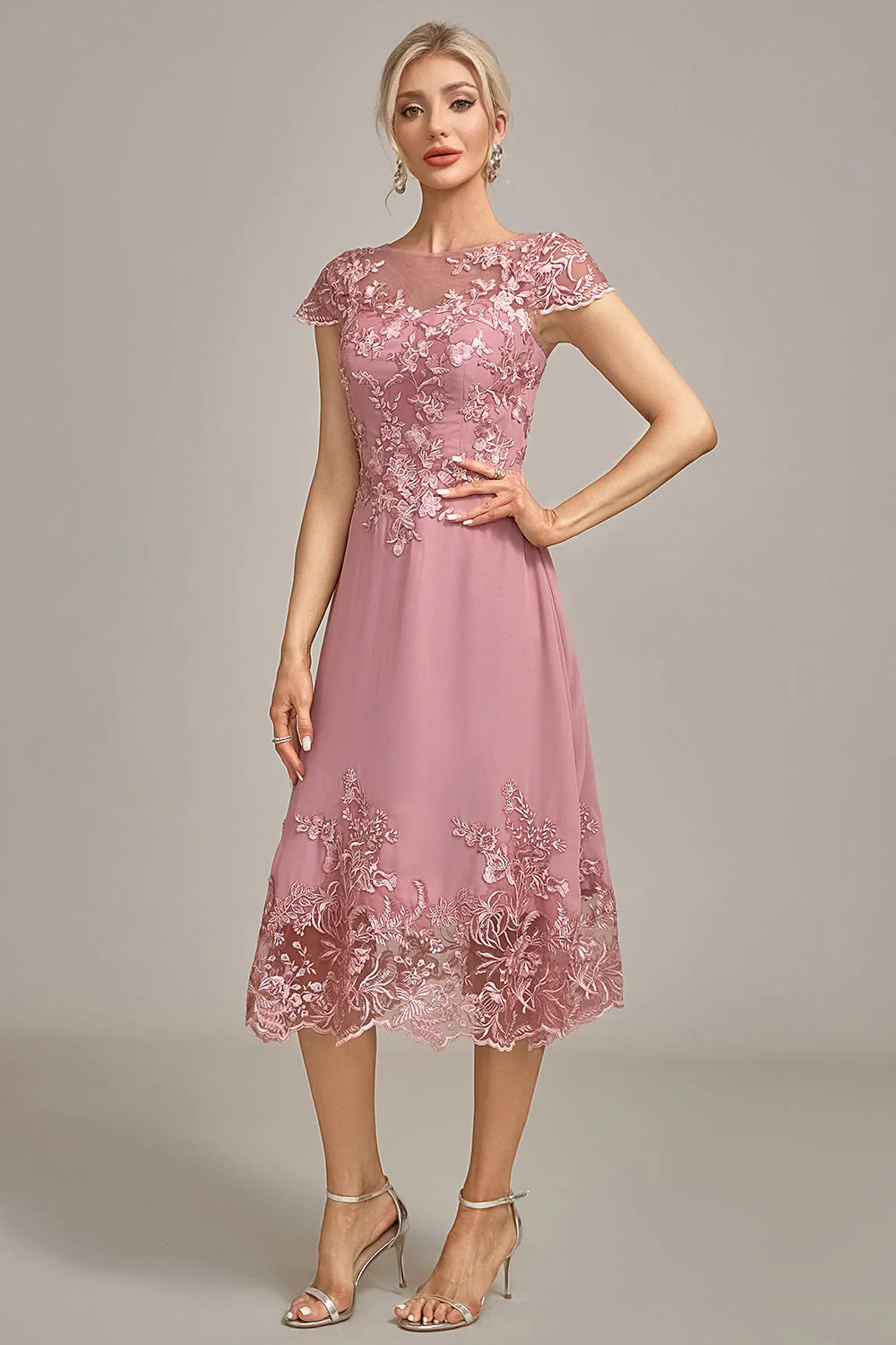 Dusty Rose A-Line Tea-Length Mother of the Bride Dress With Sequins - Image 5
