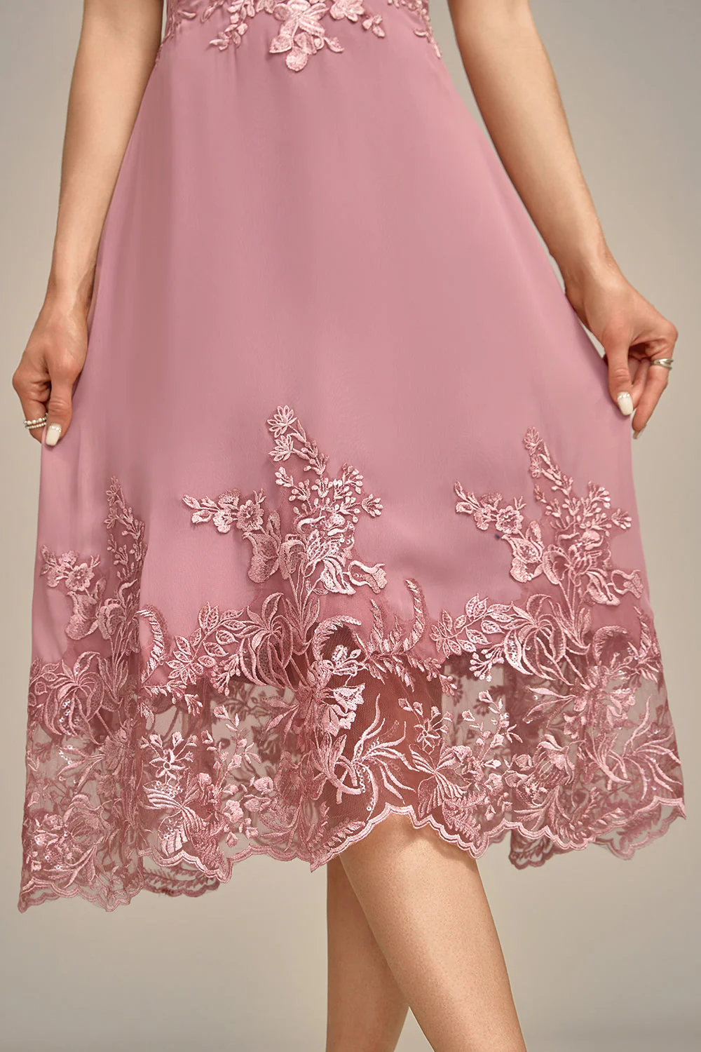 Dusty Rose A-Line Tea-Length Mother of the Bride Dress With Sequins - Image 6