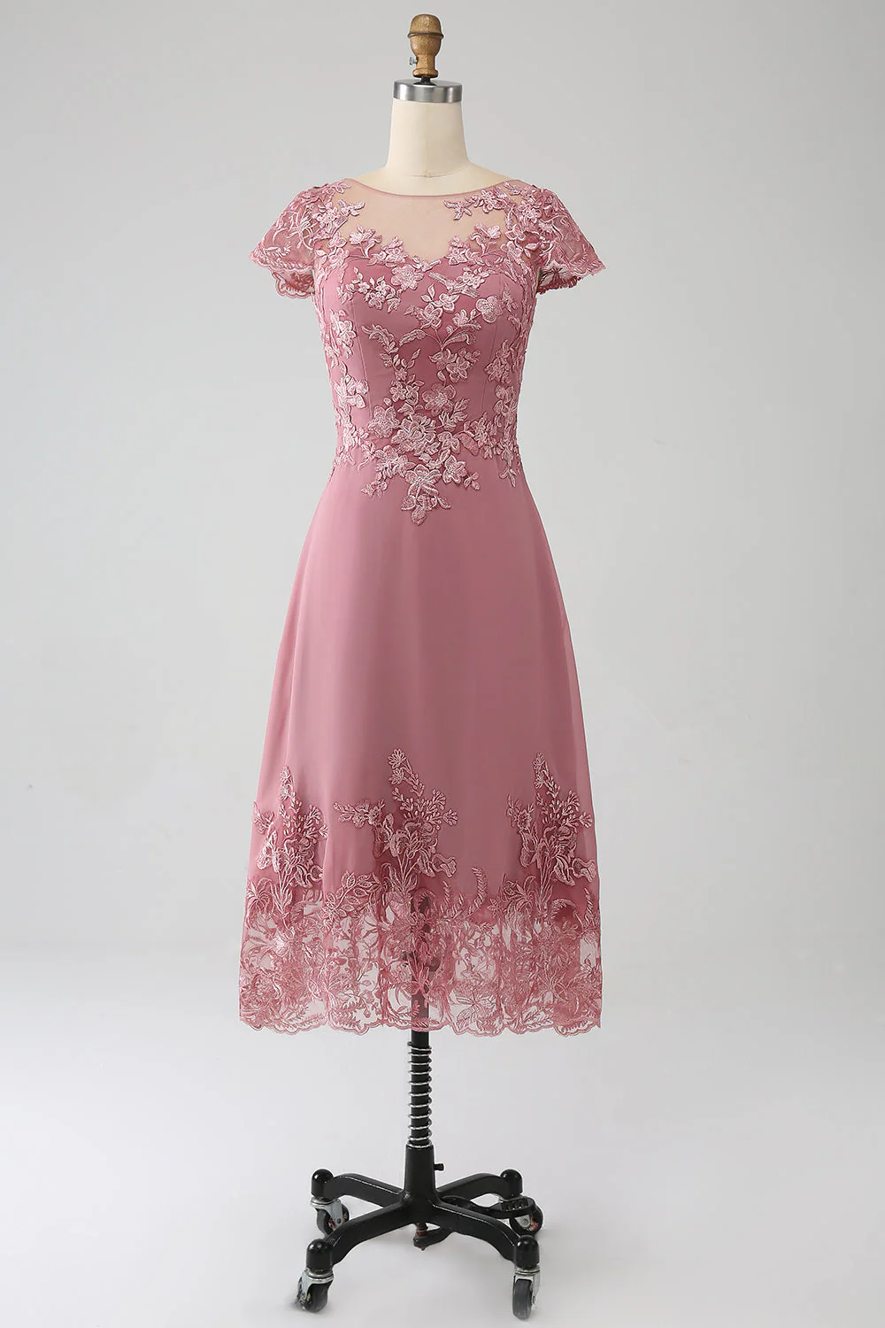 Dusty Rose A-Line Tea-Length Mother of the Bride Dress With Sequins - Image 7