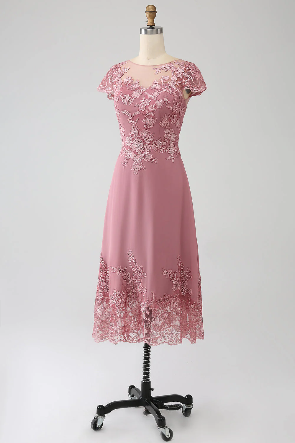 Dusty Rose A-Line Tea-Length Mother of the Bride Dress With Sequins - Image 9