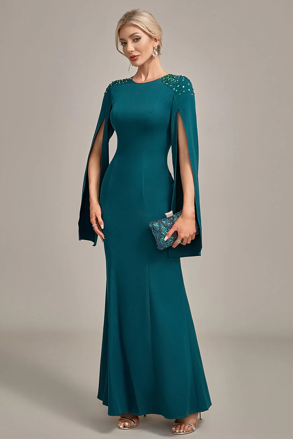 Glitter Dark Green Mermaid Round Neck Mother of the Bride Dress - Image 3