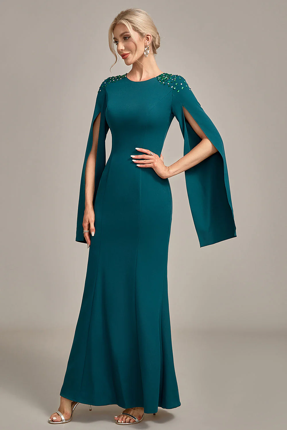 Glitter Dark Green Mermaid Round Neck Mother of the Bride Dress - Image 4