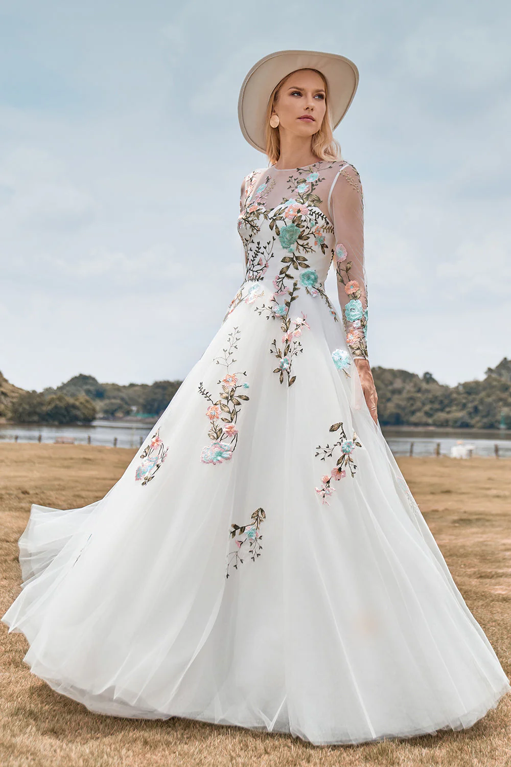 Gorgeous A Line Tulle Long Sleeves Long Ivory Wedding Dress with Embroidery - Image 3