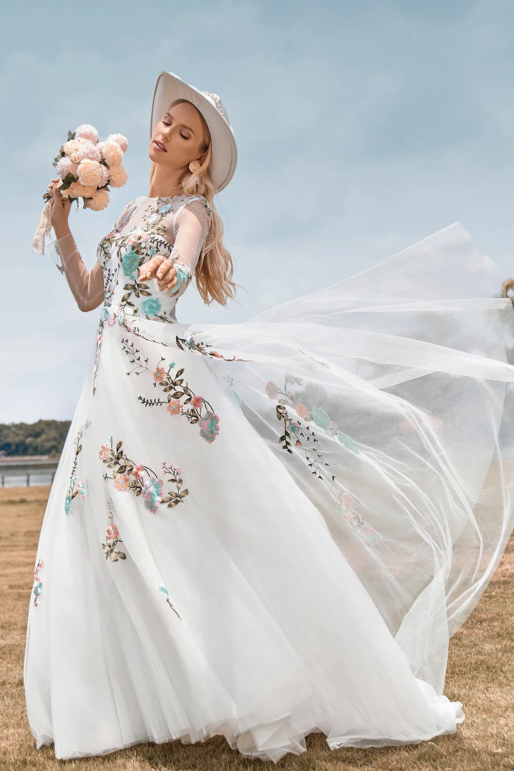 Gorgeous A Line Tulle Long Sleeves Long Ivory Wedding Dress with Embroidery - Image 4