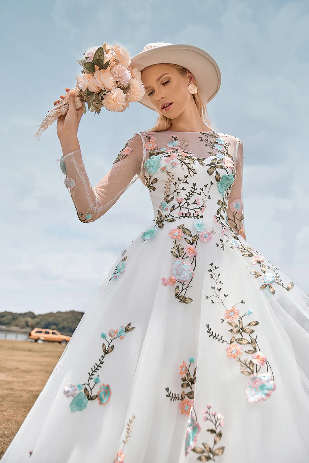 Gorgeous A Line Tulle Long Sleeves Long Ivory Wedding Dress with Embroidery - Image 5