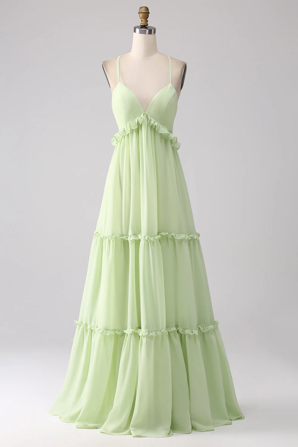 Green A Line Ruffles Long Bridesmaid Dress with Lace-up Back - Image 3